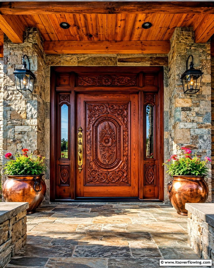 Handcrafted Carved Wooden Door - 30 Farmhouse Front Door Ideas for Curb Appeal