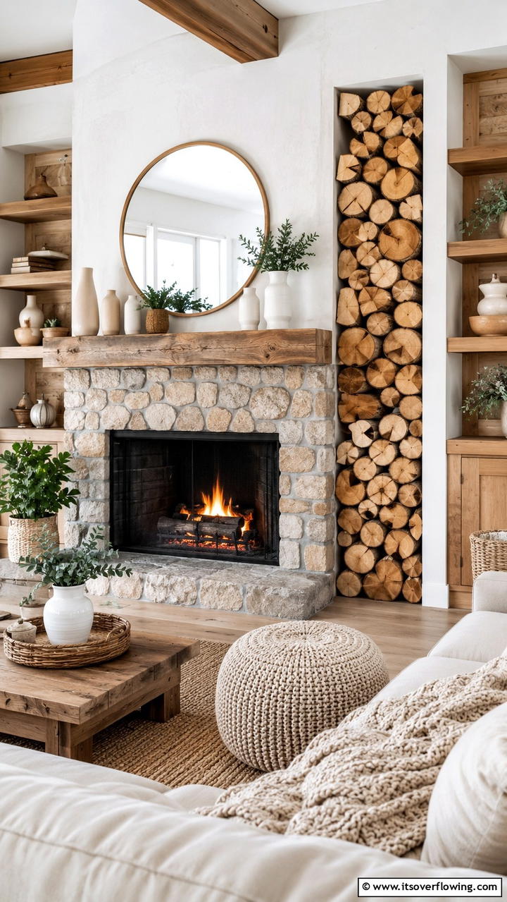 Handcrafted Log Display - 30 Farmhouse Fireplace Ideas for Cozy Living Spaces