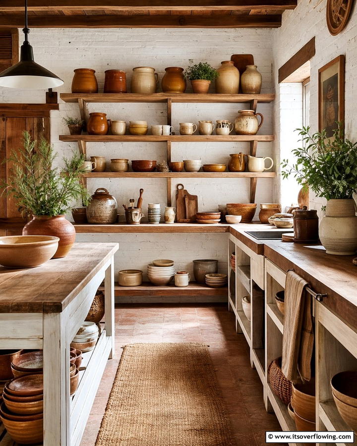 Handcrafted Pottery Display - 20 Primitive Kitchen Ideas for a Rustic Charm