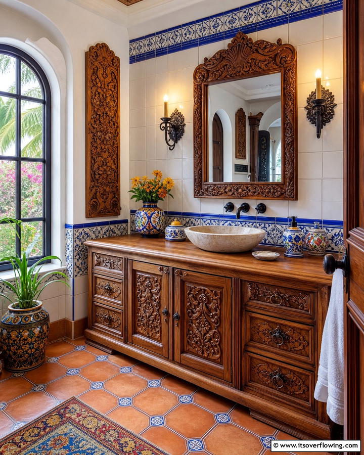 Handcrafted Wood Carvings - 30 Spanish Style Bathroom Ideas for Mediterranean Flair