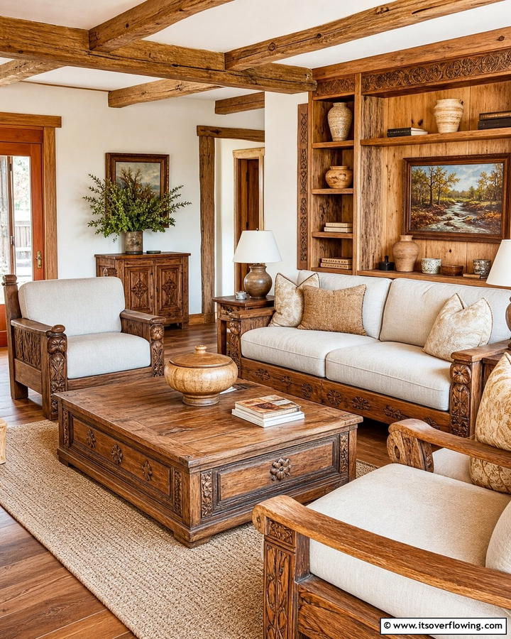 Handcrafted Wooden Accents - 21 Country Living Room Ideas with Rustic Elegance