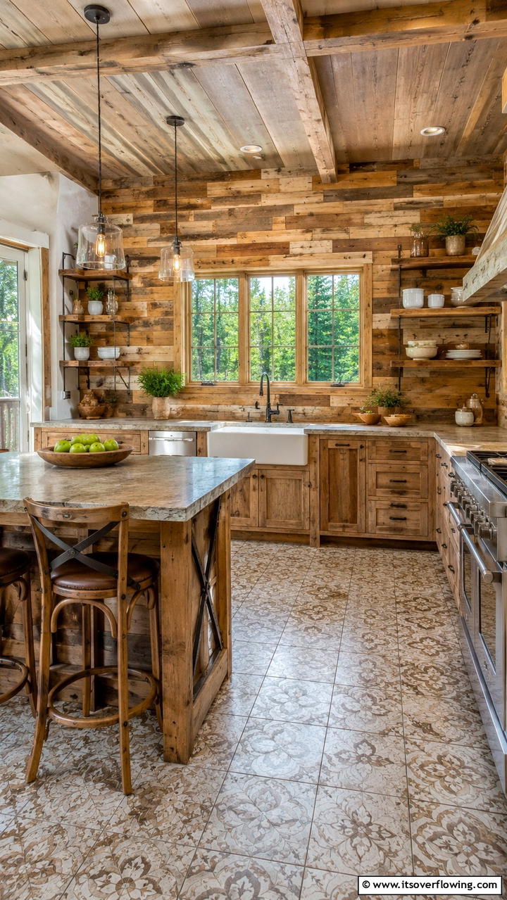 Handcrafted Wooden Backsplash - 30 Cabin Kitchen Ideas- Rustic and Cozy Cooking Spaces