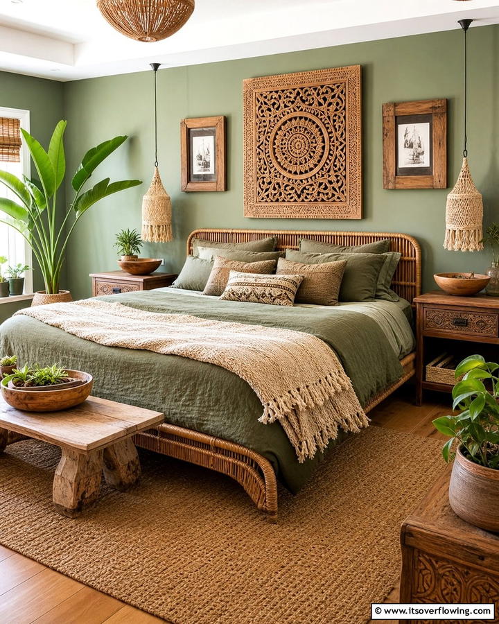 Handcrafted Wooden Decor - 20 Green Boho Bedroom Ideas for a Relaxing Retreat