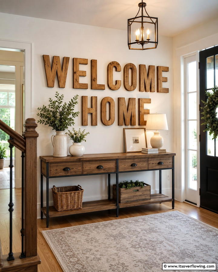 Handcrafted Wooden Letters - 30 Entryway Wall Ideas for First Impressions and Functional Storage