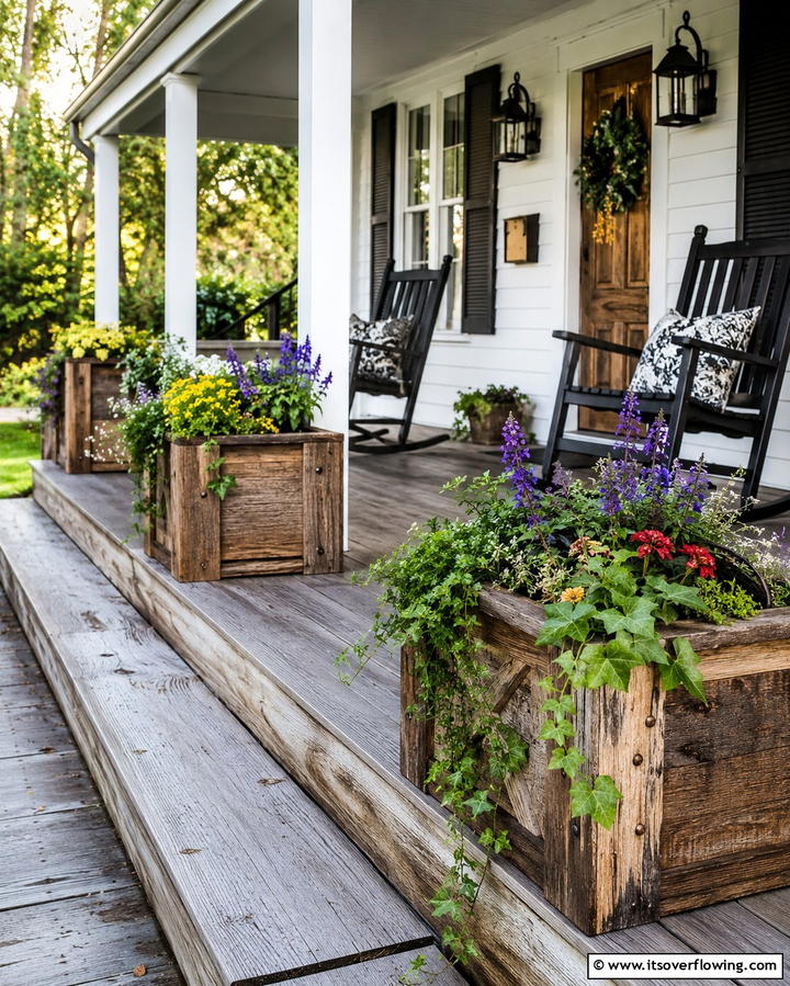 Handcrafted Wooden Planter Arrangements - 30 Rustic Front Porch Ideas for a Welcoming Entryway