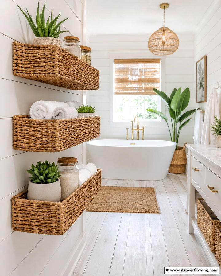 Handcrafted Woven Baskets Shelf - 30 Small Bathroom Shelving Ideas for Smart Storage