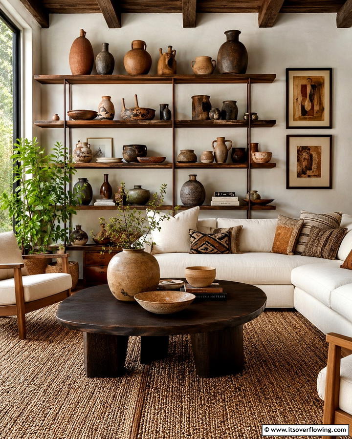 Handmade Pottery Accents - 25 Moody Boho Living Room Ideas for a Cozy Vibe