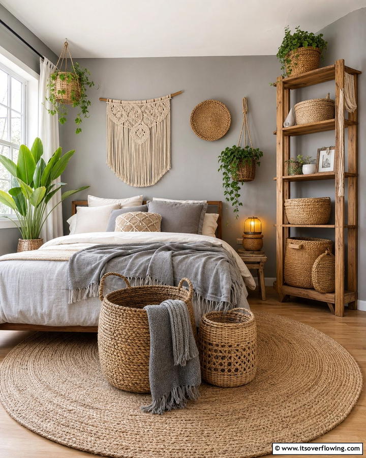 Handwoven Baskets for Storage - 20 Grey Boho Bedroom Ideas for a Cozy Vibe