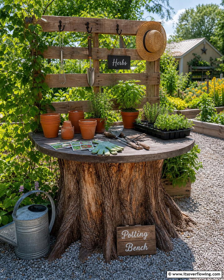 Handy Potting Bench - 21 Creative Tree Stump Decorating Ideas for Rustic Accents