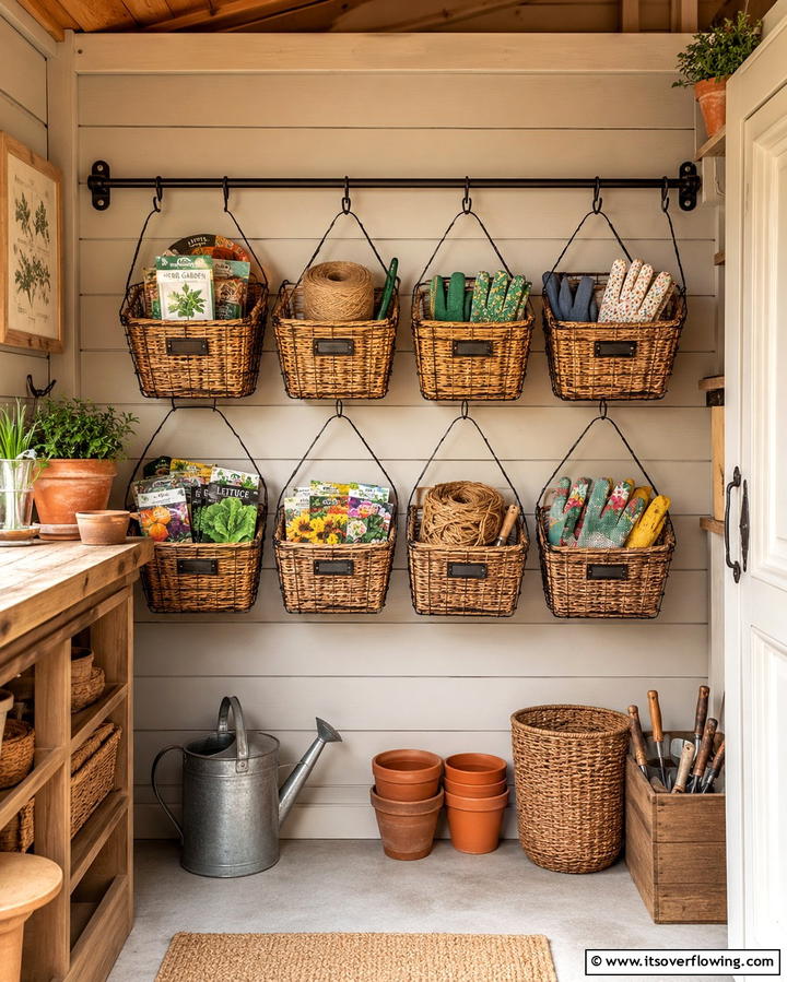 Hang Baskets for Small Item Storage - 25 Shed Organization Ideas to Declutter Your Outdoor Space