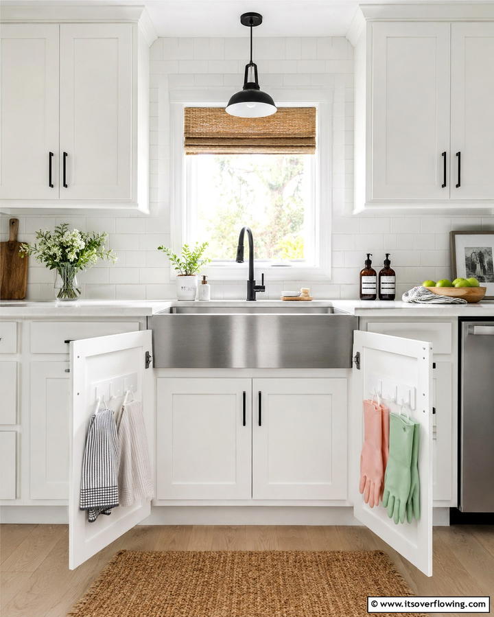 Hang Hooks for Dish Towels and Gloves - 20 Kitchen Sink Organization Ideas to Maximize Space