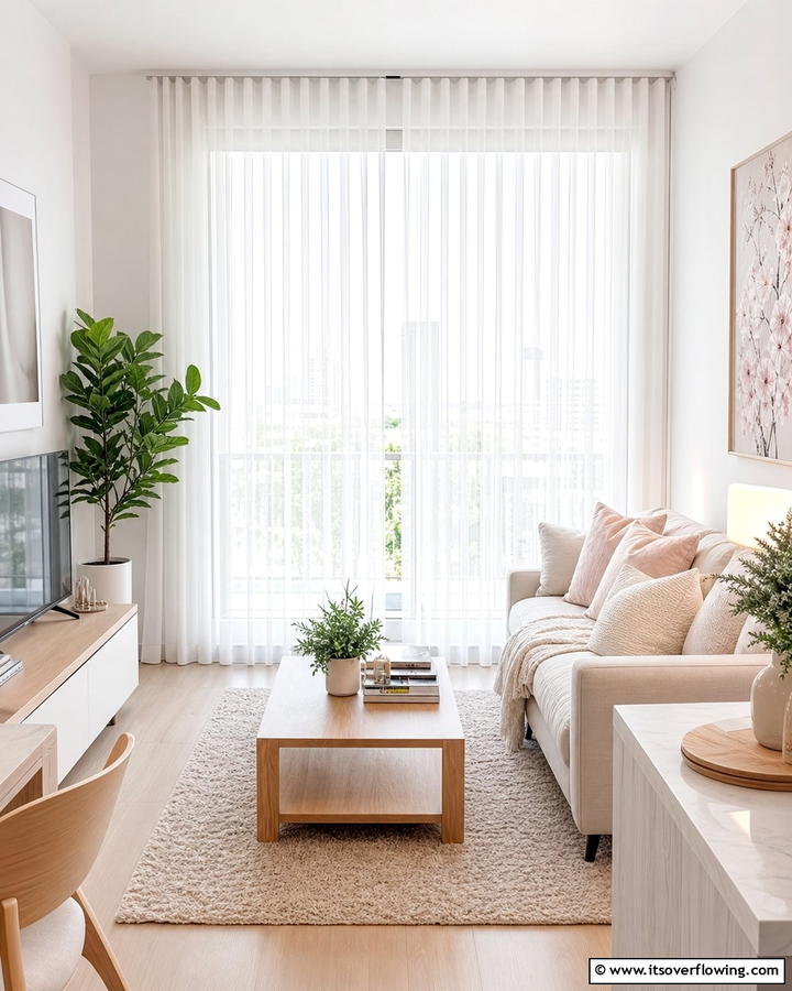 Hang Sheer Curtains - 25 Budget Apartment Living Room Ideas for Small Spaces