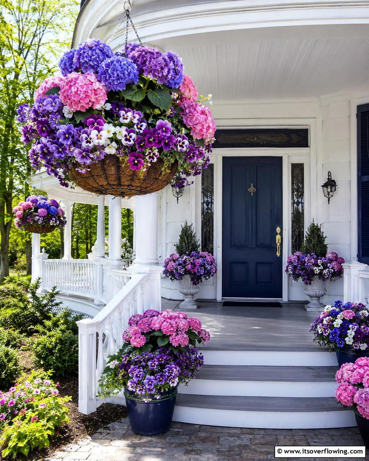 Hanging Basket with Fresh Flowers - 20 Spring Front Door Decor Ideas to Welcome the Season