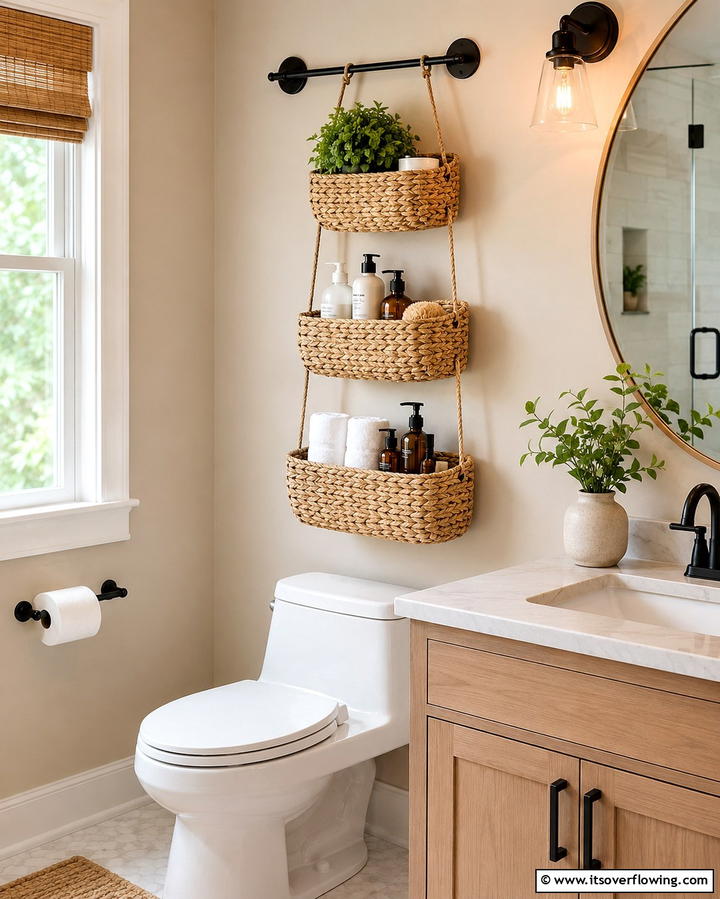 Hanging Baskets for Vertical Storage - 25 Over Toilet Storage Ideas for Small Bathrooms