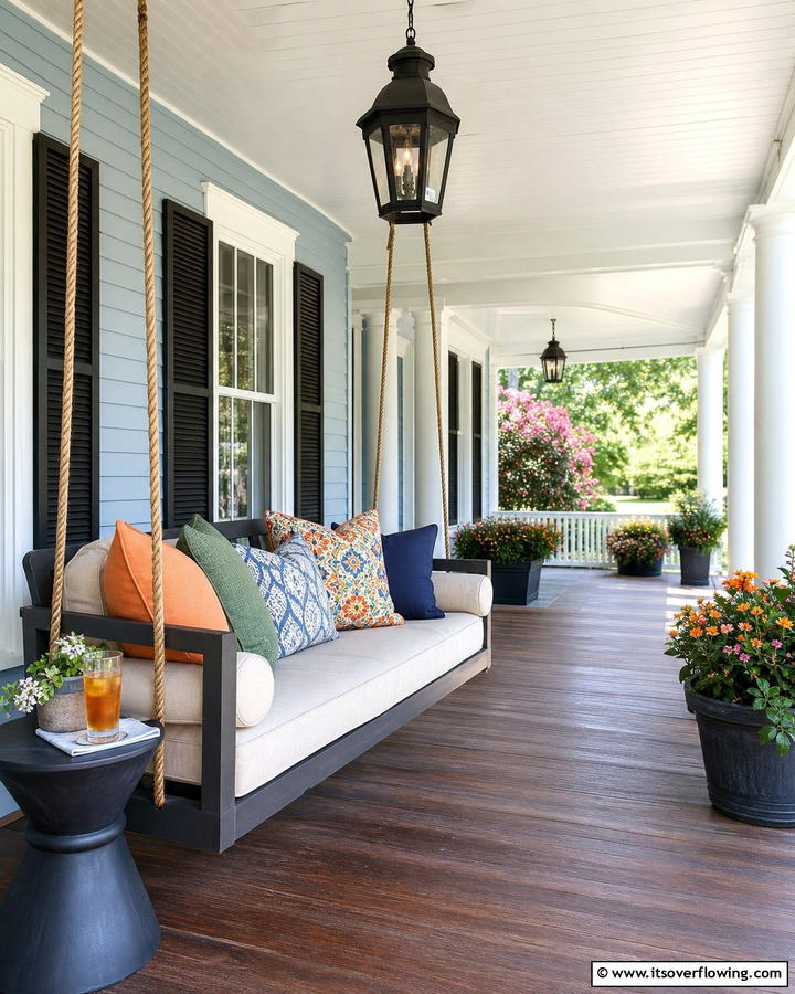 Hanging Bench Swing with Cushions - 20 Front Porch Swing Ideas for a Cozy and Inviting Entrance