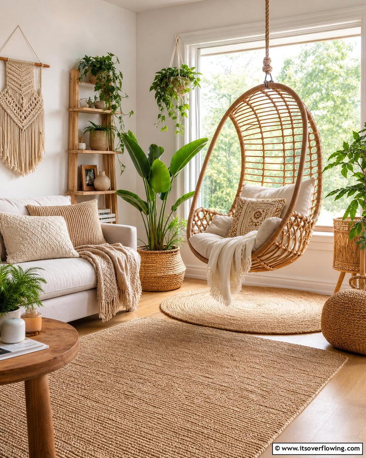 Hanging Chair for a Relaxing Corner - 20 Neutral Boho Living Room Ideas for a Relaxing Vibe