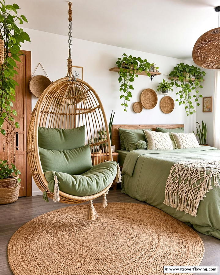 Hanging Chair - 20 Green Boho Bedroom Ideas for a Relaxing Retreat