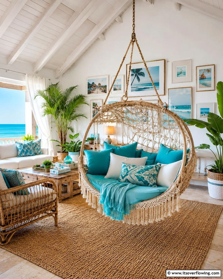 Hanging Chairs or Swings - 25 Beach House Living Room Ideas for a Coastal Vibe