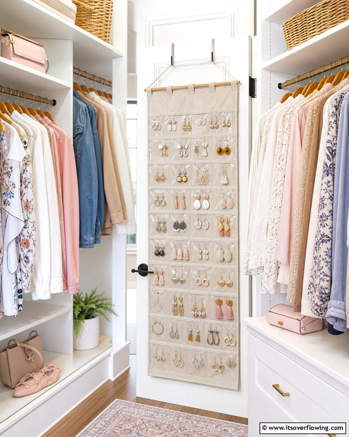 Hanging Fabric Organizer - 20 Earring Storage Ideas to Keep Your Jewelry Organized