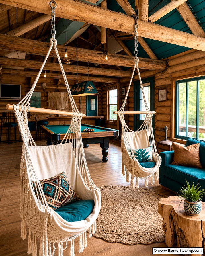 Hanging Hammock Chairs - 25 Log Cabin Interior Design Ideas for Cozy Living