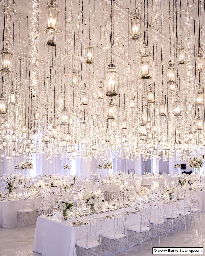 Hanging Lanterns and Fairy Lights - 30 Beautiful Wedding Backdrop Design Inspirations
