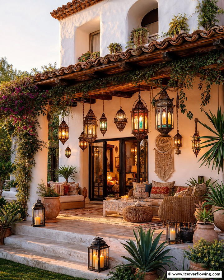 Hanging Lanterns for Soft Lighting - 25 Boho House Exterior Ideas for a Unique and Colorful Look