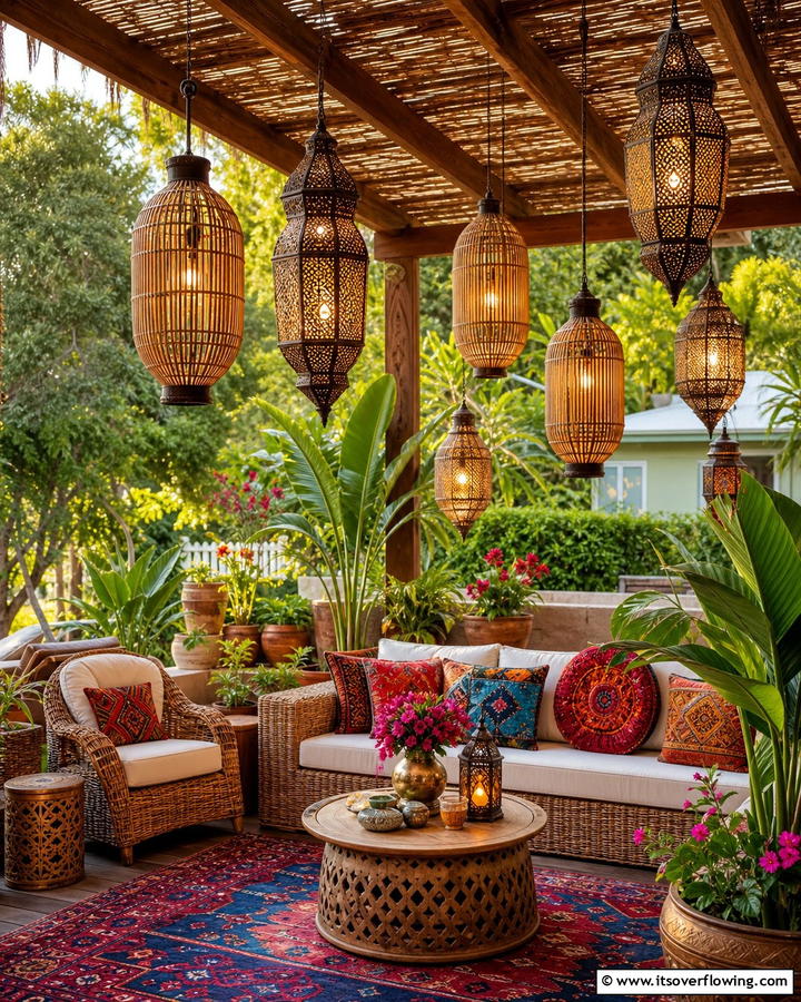 Hanging Lanterns for a Global Flair - 25 Cozy Boho Patio Ideas for Relaxing Outdoor Spaces