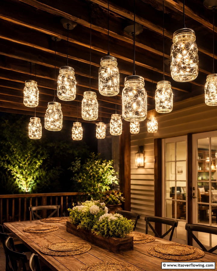 Hanging Mason Jar Lights - 25 Farmhouse Porch Ideas for a Cozy Outdoor Retreat