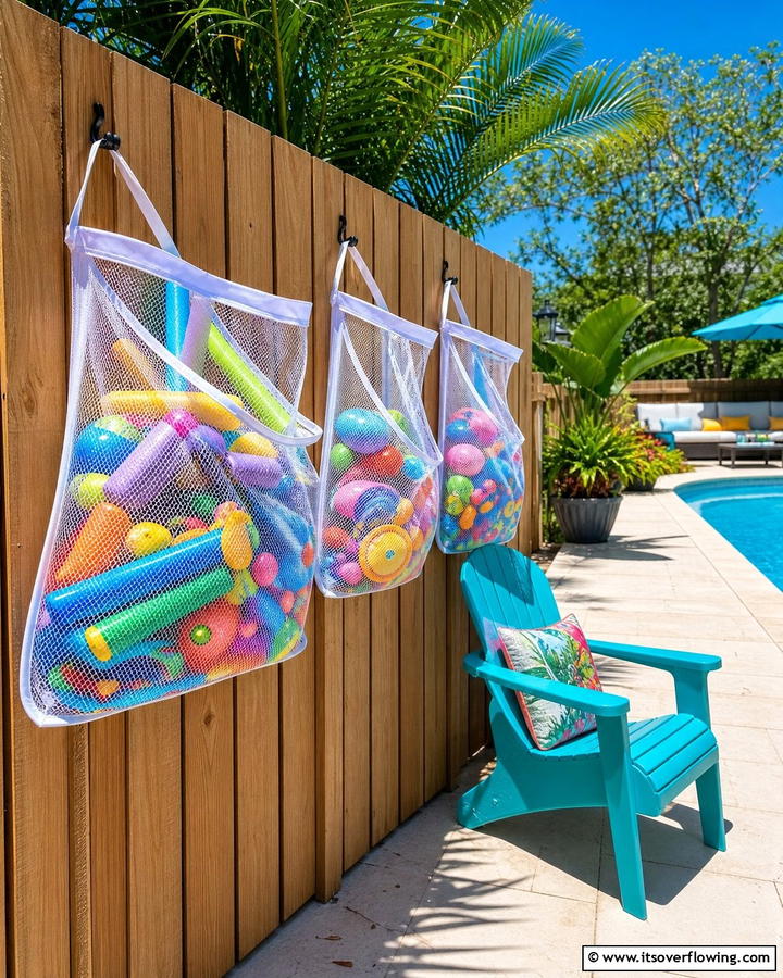 Hanging Mesh Storage Nets - 20 Pool Storage Ideas to Keep Your Backyard Tidy