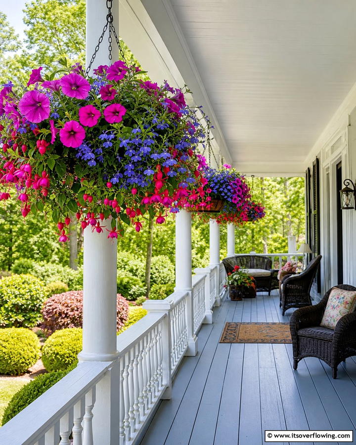 Hanging Planters with Vibrant Blooms - 30 Southern Front Porch Ideas for Welcoming Outdoor Spaces