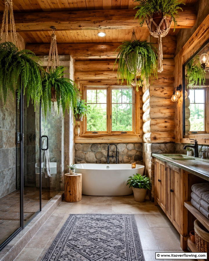 Hanging Plants - 25 Log Cabin Bathroom Ideas for a Rustic and Relaxing Retreat