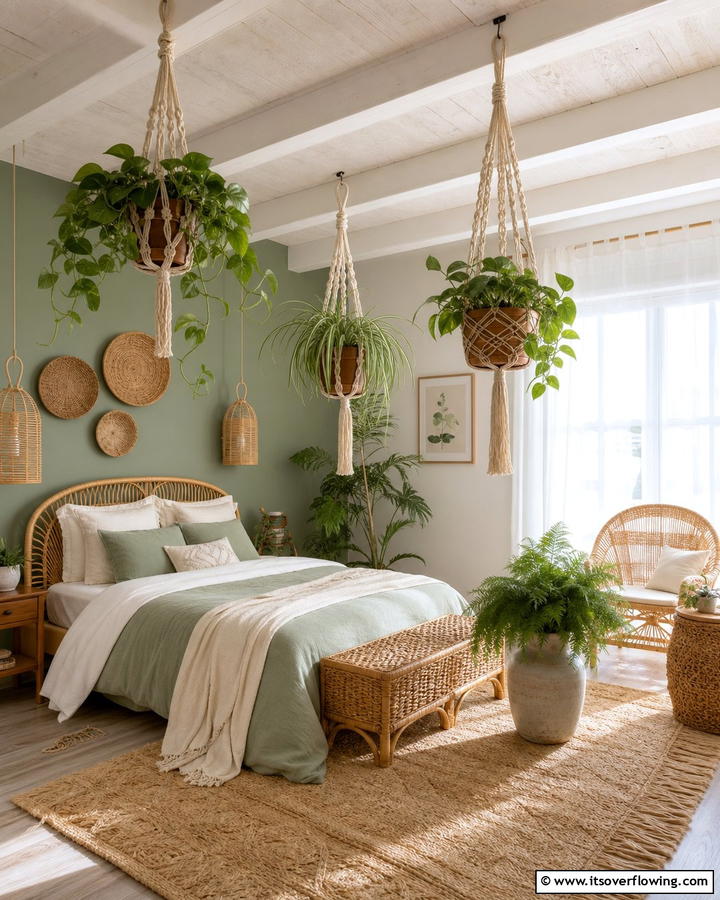 Hanging Plants for Natural Accents - 25 Boho Sage Green Bedroom Ideas for a Serene Retreat