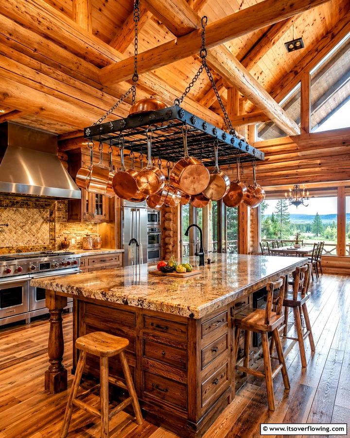 Hanging Pot Rack for Practical Storage - 25 Log Cabin Kitchen Design Ideas for a Rustic Look