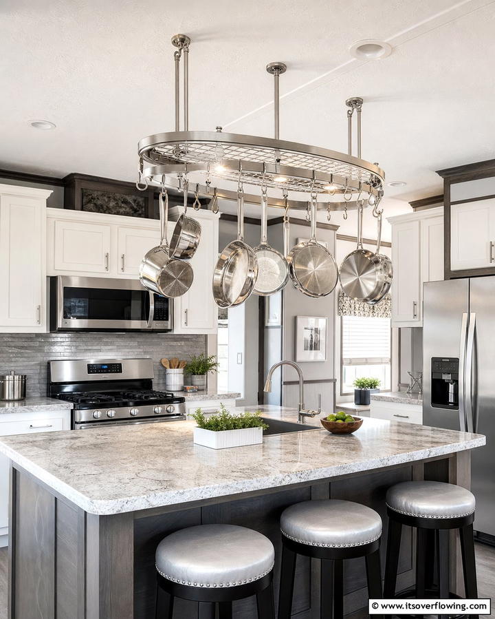 Hanging Pot Racks - 25 Mobile Home Kitchen Ideas for Stylish Living