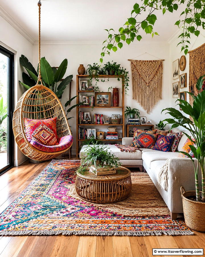 Hanging Rattan Chairs - 25 Colorful Boho Living Room Ideas for a Vibrant Space
