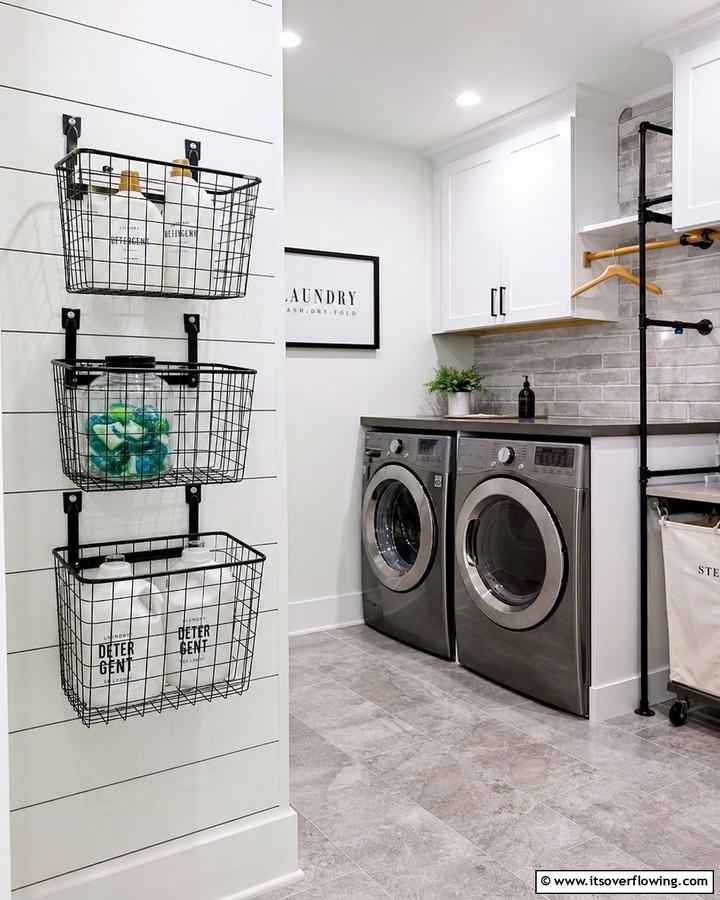 Hanging Wire Baskets - 20 Laundry Detergent Storage Ideas for an Organized Space