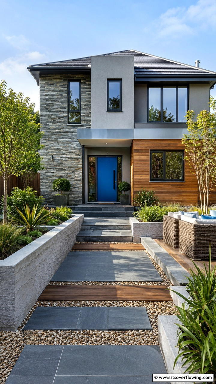 Harmonious Blend of Textures - 30 Grey House With Blue Door Ideas- Charming Curb Appeal