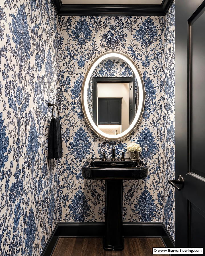 Harmonious Blue and Black Patterned Wallpaper - 30 Striking Black and Blue Bathroom Ideas for Dramatic Flair