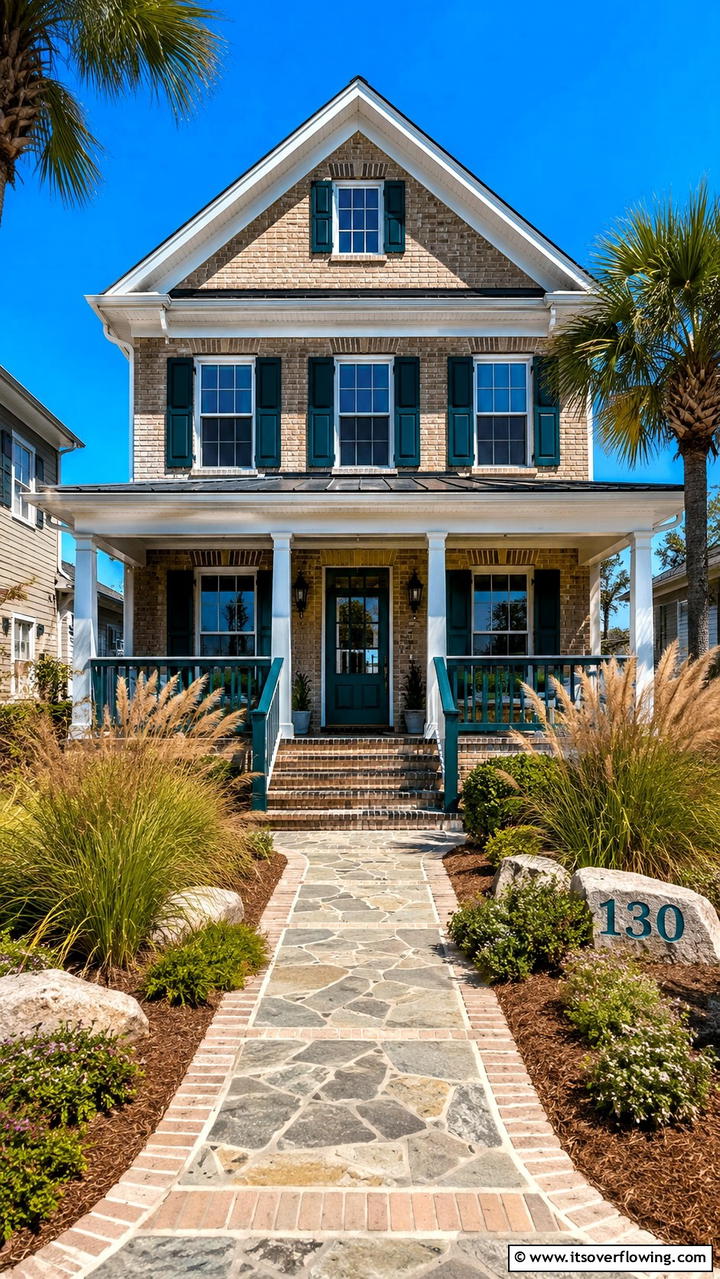 Harmonious Brick Sand with Rich Teal Overtones - 30 Exterior Brick and Paint Color Combinations