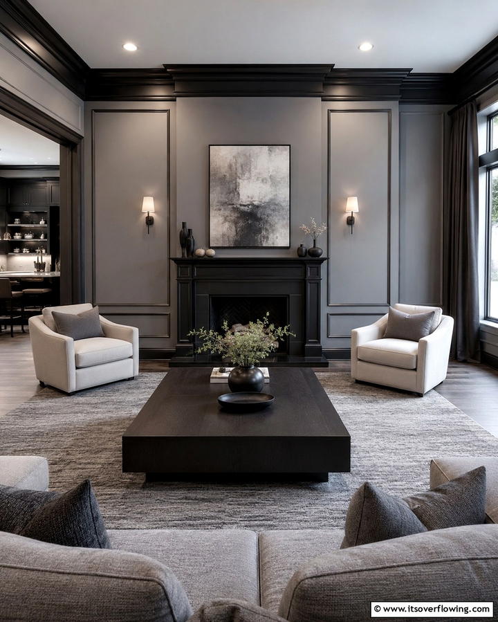 Harmonious Design - 30 Living Room Grey Walls & Black Trim- Bold Contrast Ideas