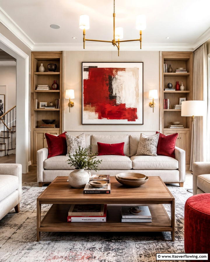 Harmonious Red and Neutral Blend - 30 Red Living Room Ideas for Bold and Vibrant Spaces