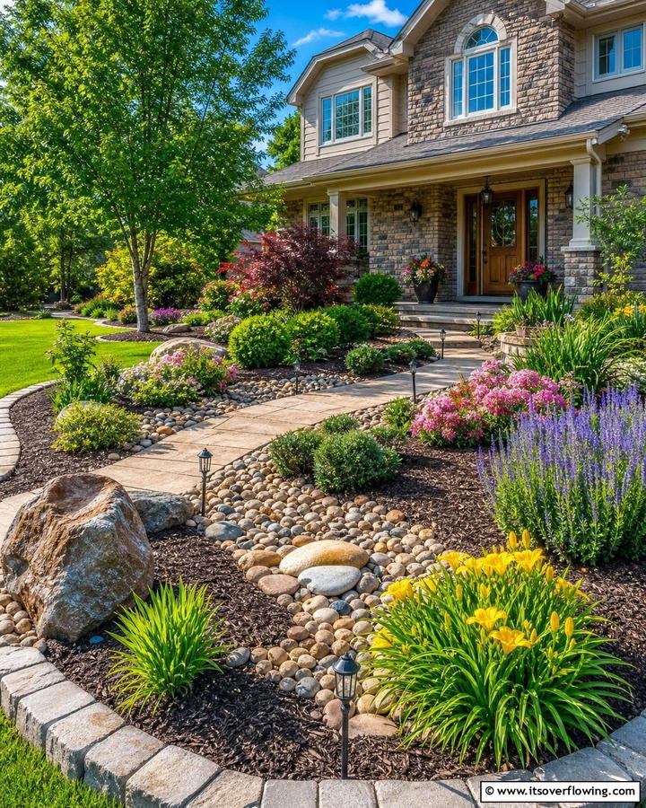 Harmonious Rock and Mulch Mix - 21 Front Yard Landscaping Ideas With Rocks and Mulch