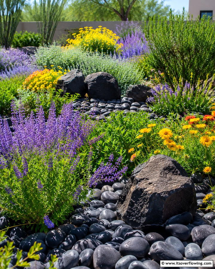 Harmonious Rock and Native Plants - 30 Natural Black River Rock Landscaping Ideas for Texture