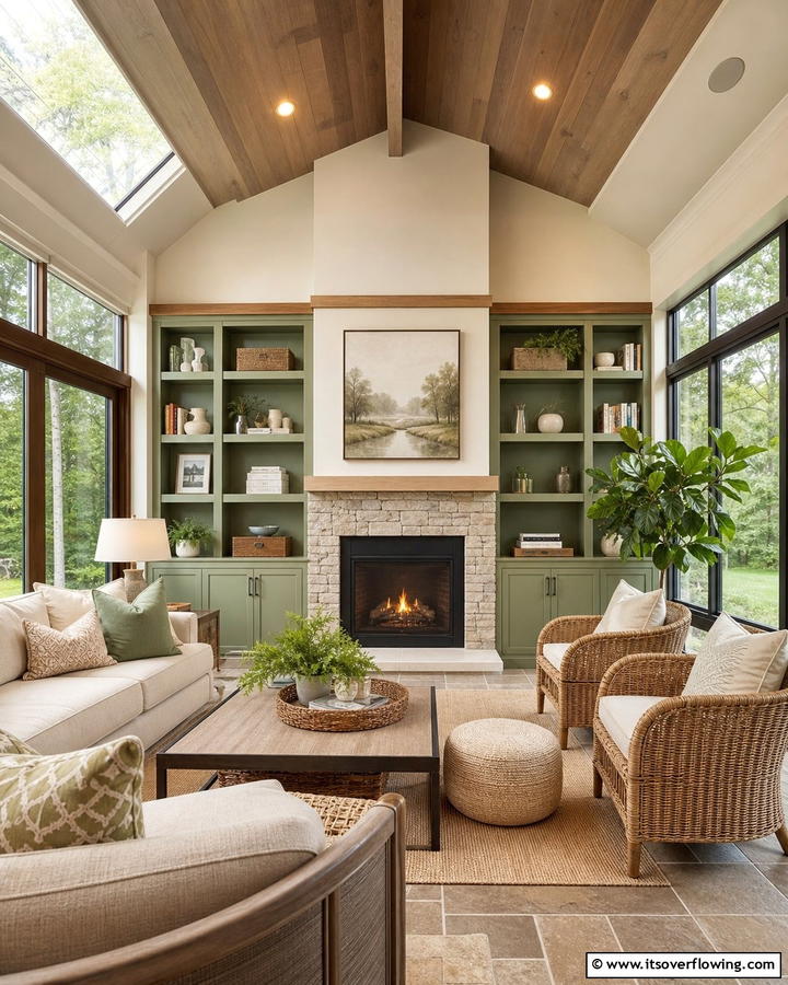 Harmonious Sunroom with Integrated Fireplace Design - 30 Sunroom With Fireplace Ideas for Year-Round Comfort