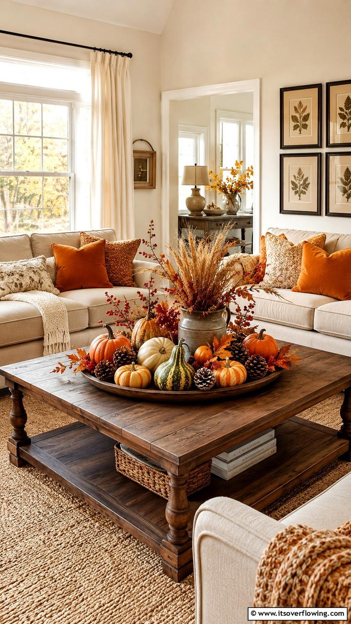 Harvest Inspired Centerpieces - 30 Cozy Fall Living Room Ideas to Embrace Autumn Vibes