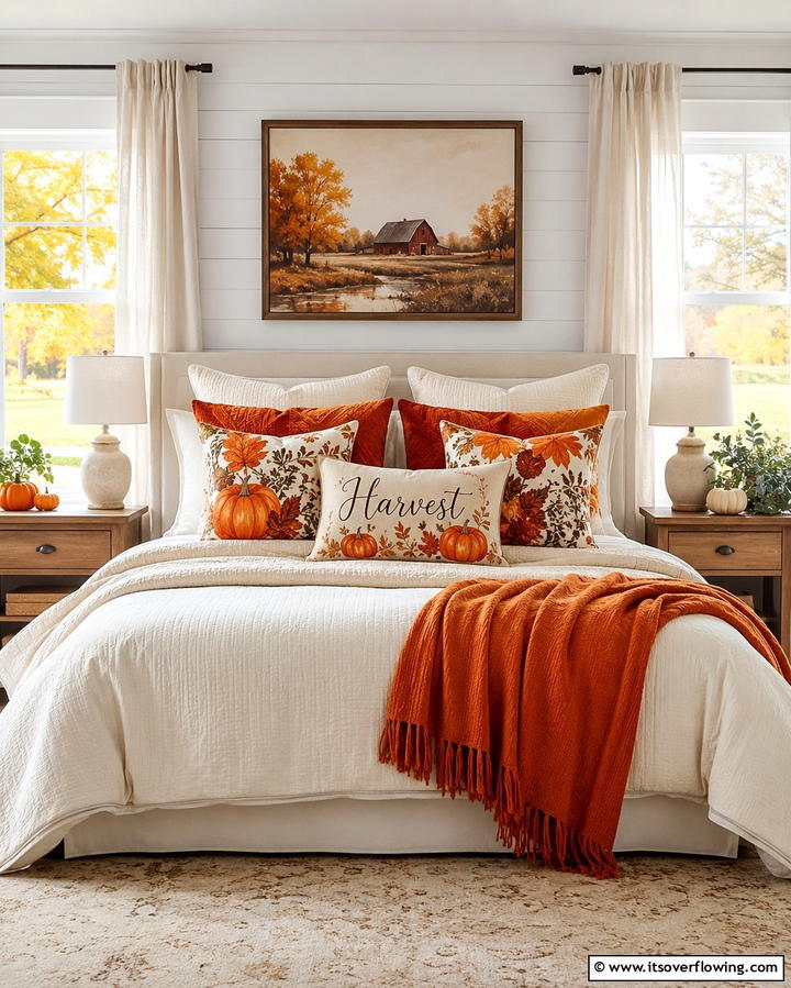 Harvest Season Pillows - 30 Cozy Fall Bedroom Decor Tips for Autumnal Warmth & Style