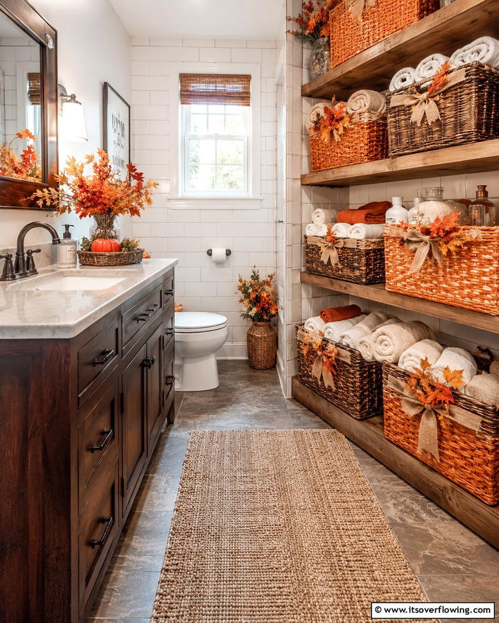Harvest Themed Storage Baskets - 25 Fall Bathroom Decor Ideas for a Seasonal and Stylish Update