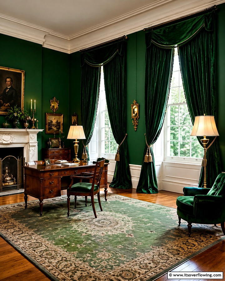 Heavy Velvet Curtains - 25 Victorian Dark Green Living Room Ideas for Drama