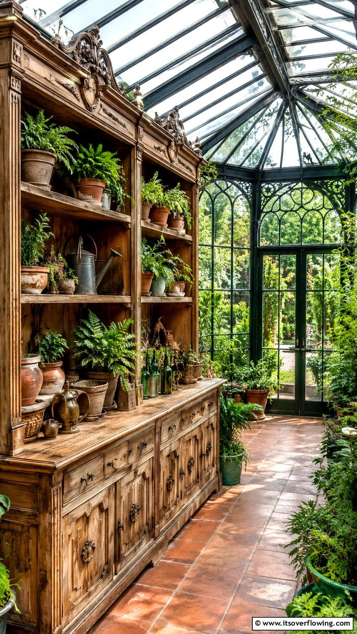 Heritage Style Vintage Shelves - 30 Greenhouse Shelving Ideas- Organized Plant Storage