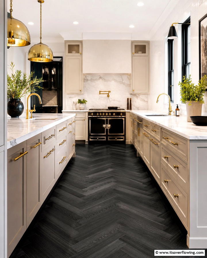 Herringbone Black Wood Floors for a Sophisticated Style - 25 Black Kitchen Floor Ideas for a Sleek and Stylish Space